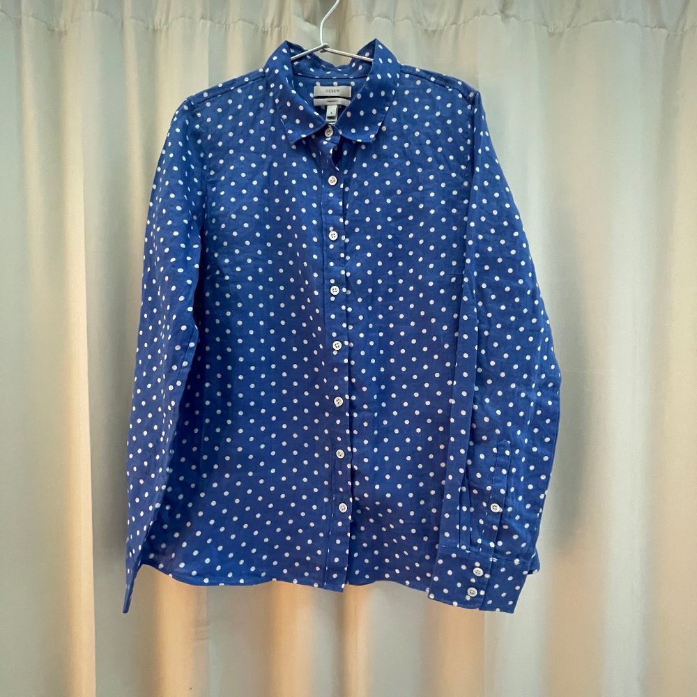 J.CREW LINEN SHIRT BLUE POLKA DOT BUTTON DOWN